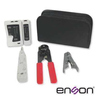 kit completo enson ens-ktcb pinzas+tester incluye: -probador de cableado -pinza crimpeadora rj45 -pinza peladora utp/stp - + maletin transportador -herramienta punch down