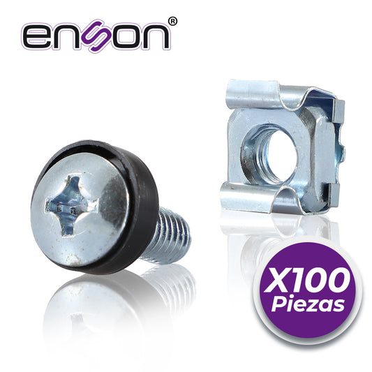 kit de tornillos y tuercas enjauladas enson ens-rt100 100pza compatibles con racks y gabinetes de la marca enson belden y gabinetes de la marca jaguar