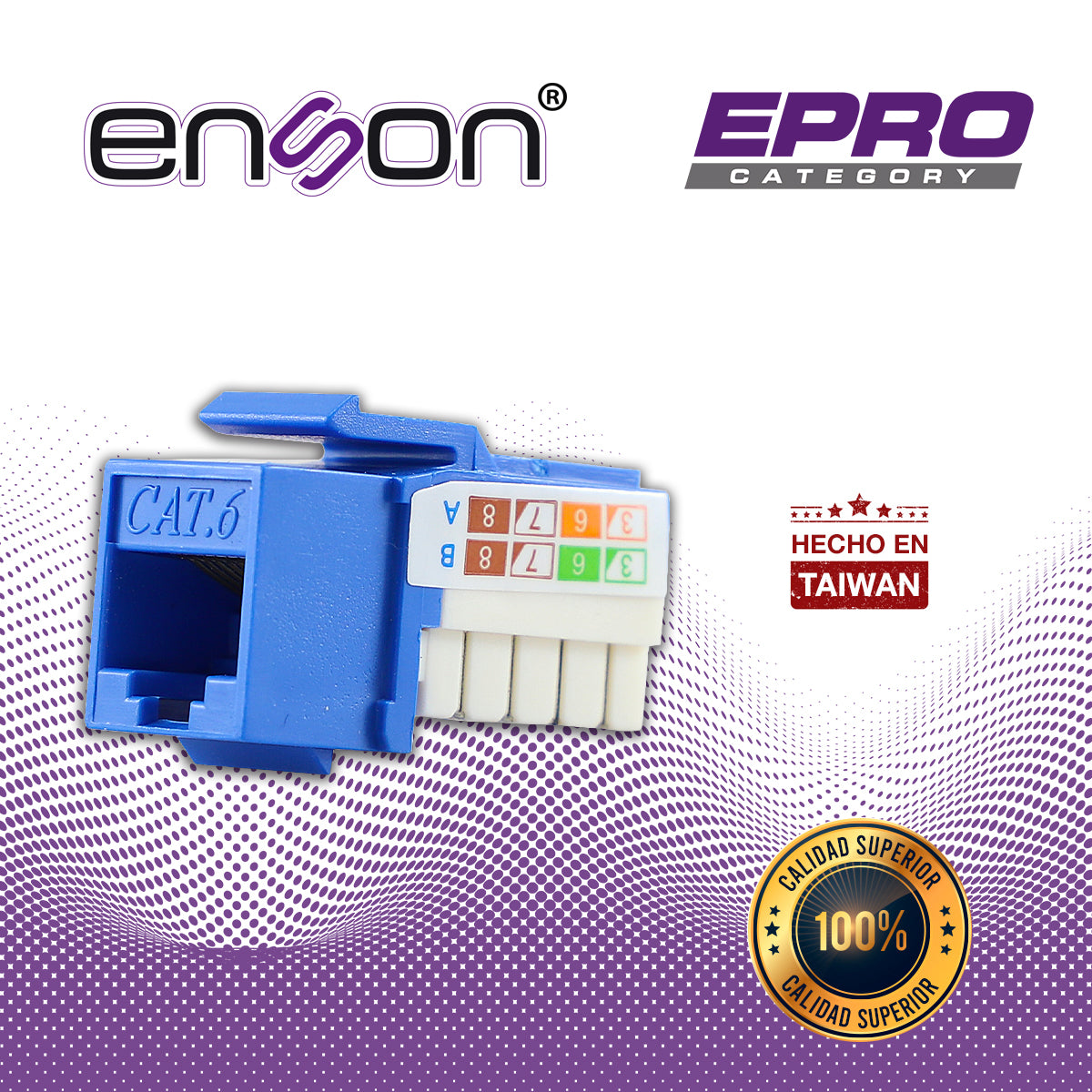 conector modular jack rj45 enson epro-jack6-bl serie pro posicion vertical cat6 color azul compatible con placas enson epro-fp requiere uso de pinzas epro-jacktool