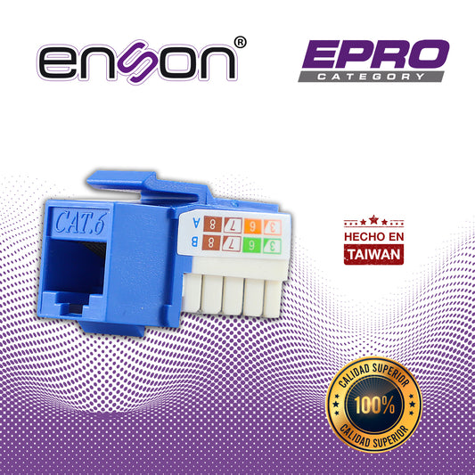 conector modular jack rj45 enson epro-jack6-bl serie pro posicion vertical cat6 color azul compatible con placas enson epro-fp requiere uso de pinzas epro-jacktool