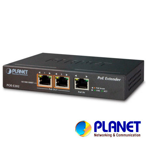 extensor poe planet poe-e202/ 1 puerto rj45 entrada velocidad de transmision 10/100/1000 mbps recibe poe activa af/at + 2 puertos rj45 velocidad de transmision 10/100/1000 mbps proporciona poe activo af/at/ distancia de transmision 100 metros