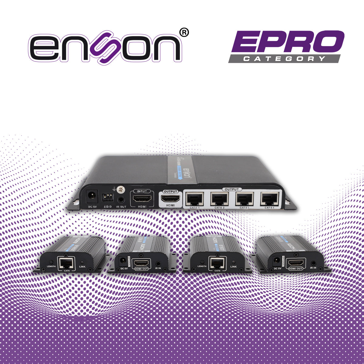 distribuidor extensor hdmi enson ens-ex704 con 4 extensores de hasta 40mts con cable 100% cobre cat6 a 1080p salida hdmi local hdmi-loop y control de ir