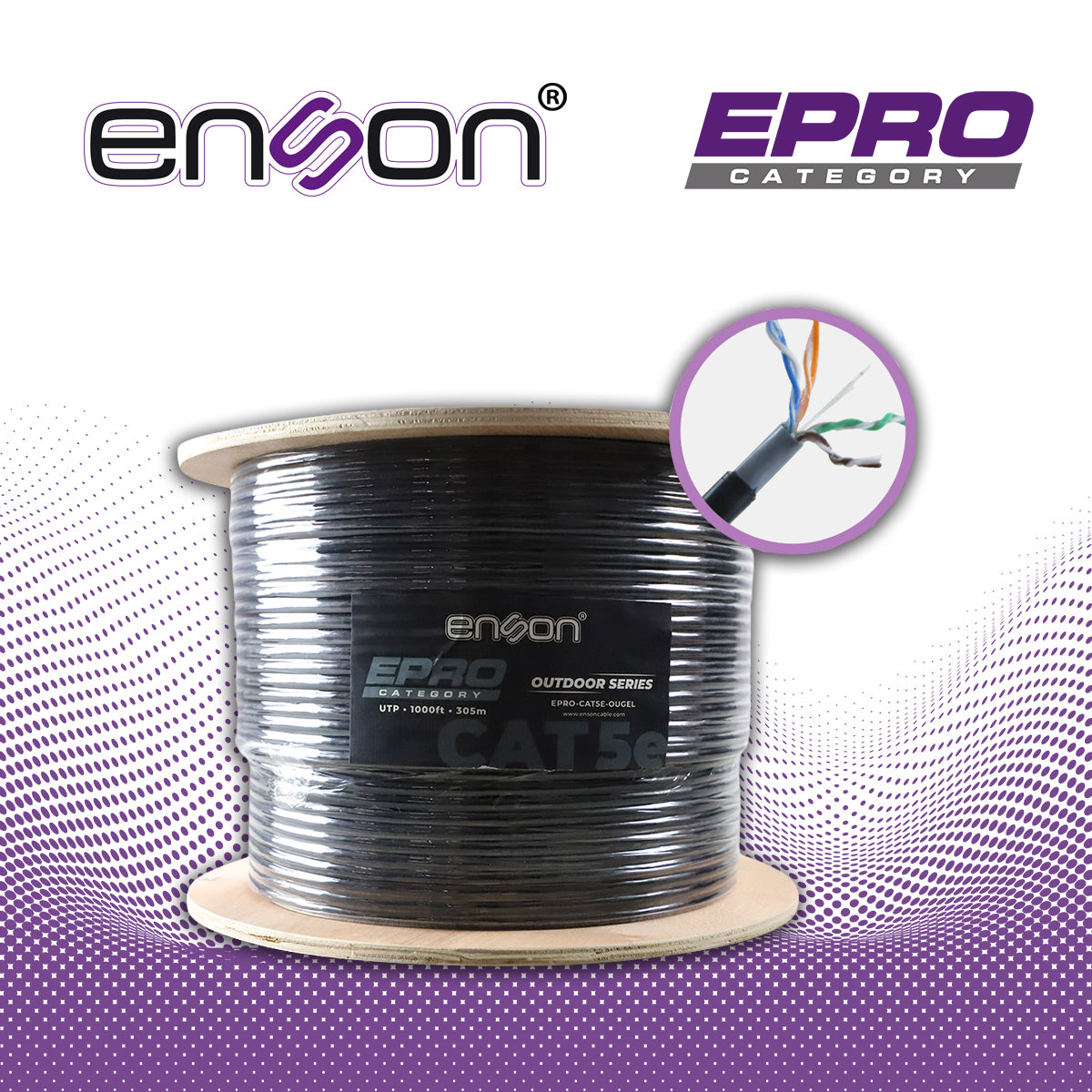 cable utp cat5e enson epro-cat5e-ougel forro pvc+pe+gel 4 pares calibre 24 awg 100% cobre uso exterior con gel bobina 1000 pies 305 metros
