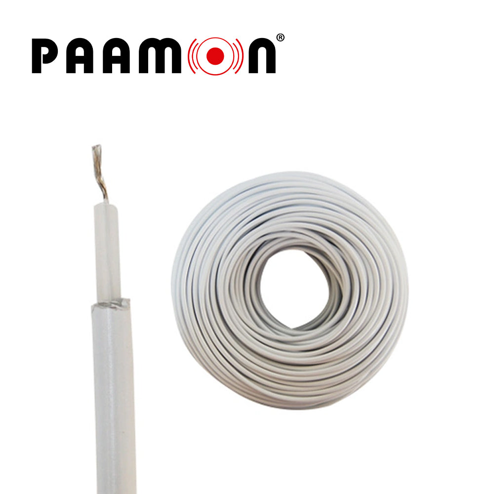 cable doble aislado color blanco cab-doble aislado -w-100m paamon capa aislante de polietileno con cubierta extra de pvc y nailon conductor 22awg de aleacion de aluminio para exterior soporta hasta 18000 volts rollo de 100 metros