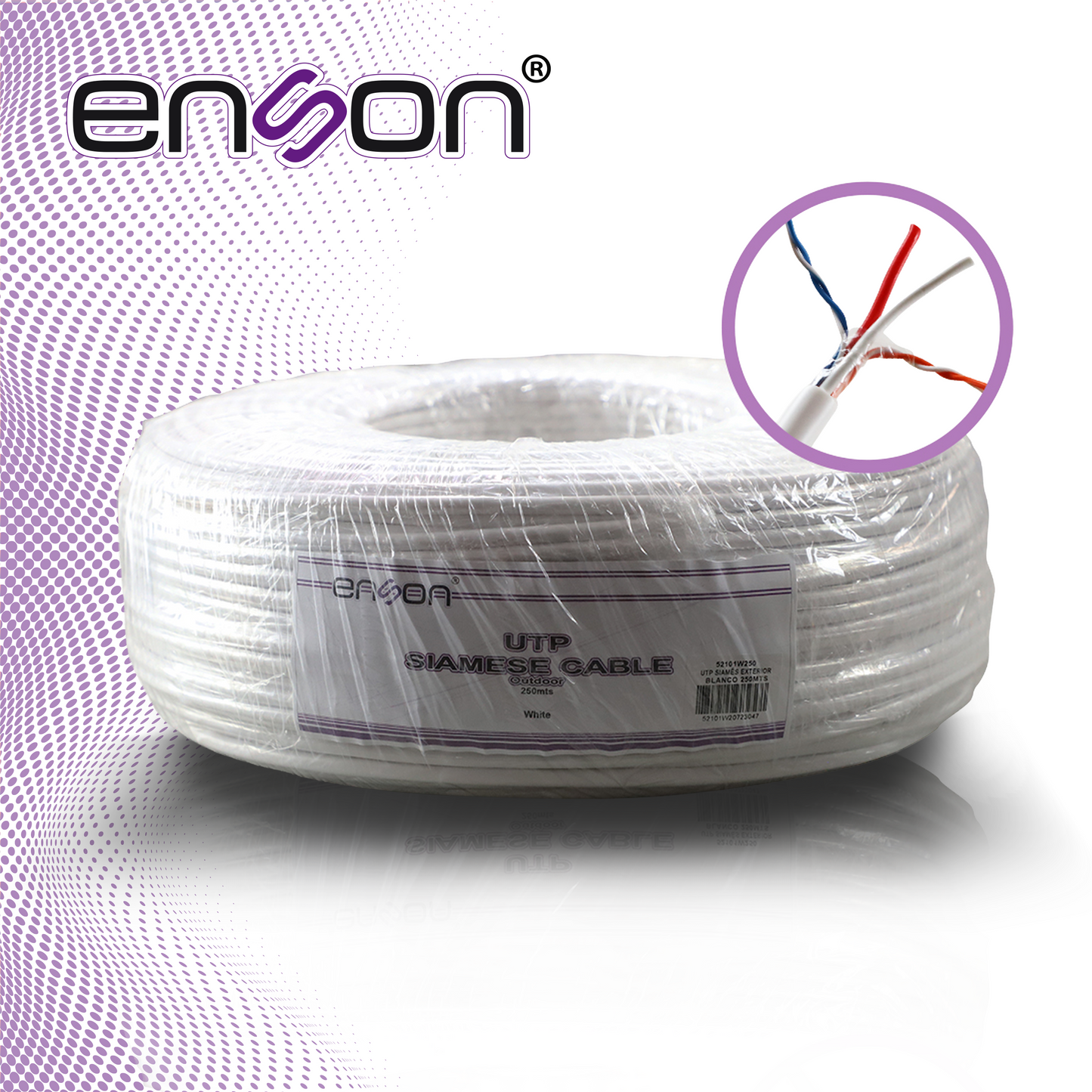 cable utp siames enson 52101w250 4c para datos y dos cables calibre 18awg (rojo y negro) para alimentacion diseñado para su uso en soluciones de cctv unicamente bobina de 250 metros color blanco para su uso en exterior