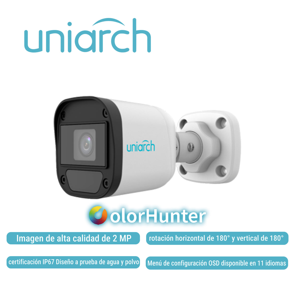 camara analoga bullet colorhunter uniarch uac-b112-f28-w-x-h / 2mp / tvi/ahd/cvi: 1080p@30fps / lente-2.8mm / wdr / ir20m / interior+exterior / luz blanca / admite-giro180grados(horizontal+vertical) / plastica-grafeno / ip67 / 12 vcd/