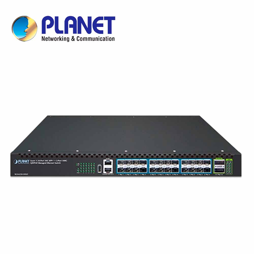 switch administrable l3 10g xgs-6350-24x2c planet 24 puertos 10g sfp+ / 2 puertos 100/40g qsfp28 / 800 gbps non blocking / l3 rip routing / l3 ospf routing