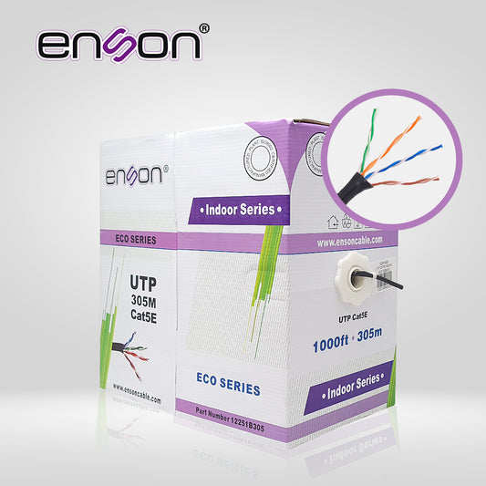 cable utp cat5e enson 12251b305 serie eco calibe 24 awg cca bobina de 305 metros forro pvc color negro uso interior recomendado para transmision de datos base 10100