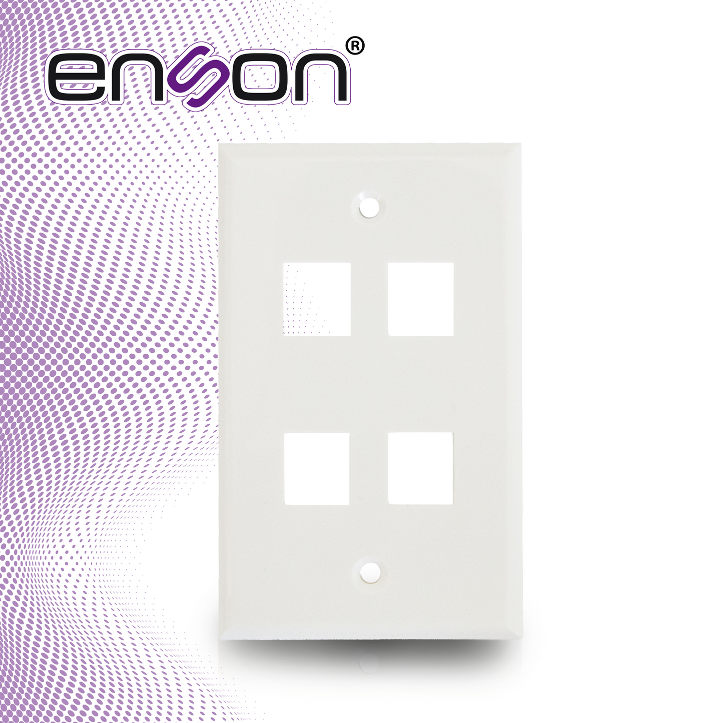 placa de pared (faceplate) universal ens-fp64 enson 4 puertos estilo keyconnect cat6a cat6 cat5e conectores de fibra optica y coaxiales color blanco uso interior material plastico abs