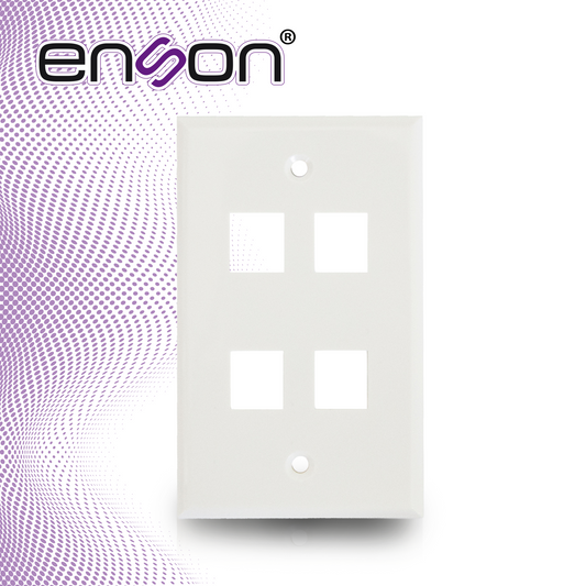placa de pared (faceplate) universal ens-fp64 enson 4 puertos estilo keyconnect cat6a cat6 cat5e conectores de fibra optica y coaxiales color blanco uso interior material plastico abs