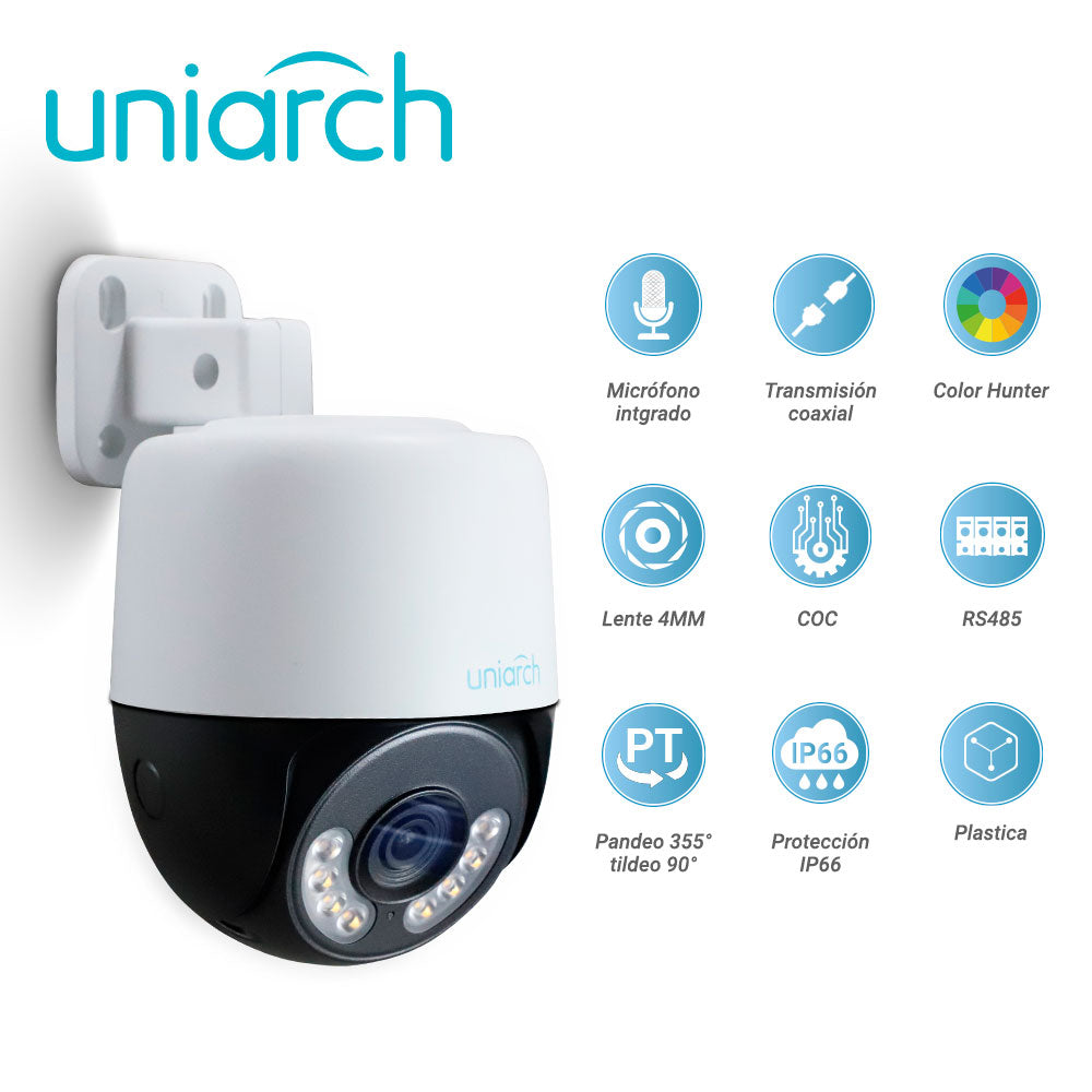 camara hd pt uniarch colorhunter uac-p112-af40-w / 2mp / tvi/ahd/cvi: 1080p@25fps / lente-4mm / dwdr / luz-blanca30m / microfono-integrado / paneo+tildeo-0-345grados / plastica / ip66 / 12 vcd