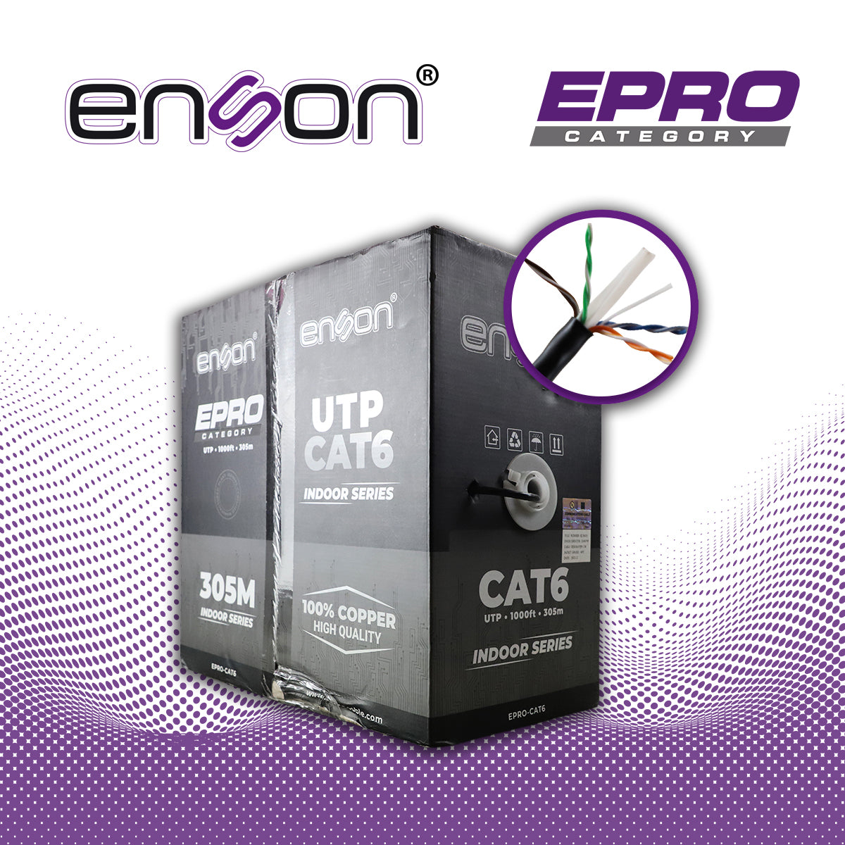 cable utp cat6 enson epro-cat6 forro pvc 4 pares calibre 23 awg 100% cobre uso interior bobina 1000 pies 305 metros **certificacion ul**