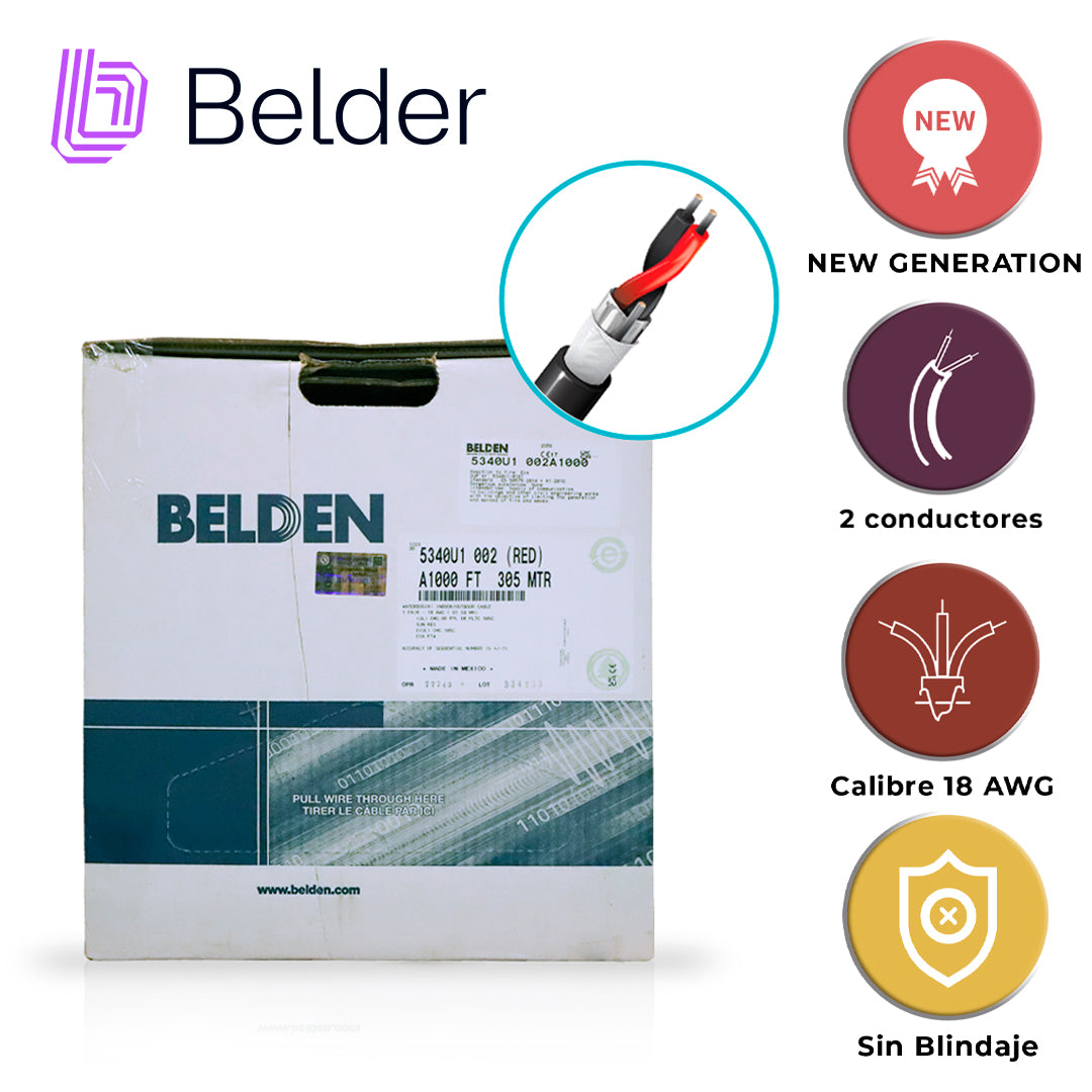 cable de seguridad y sonido belden 5340u1 002a1000 / interior/exterior / rojo / 2 conductores / 18 awg / multifilar / forro pvc / cmr - cmg - fpl - pltc / bloqueo de agua / bobina en caja / 1000 pies 305 metros