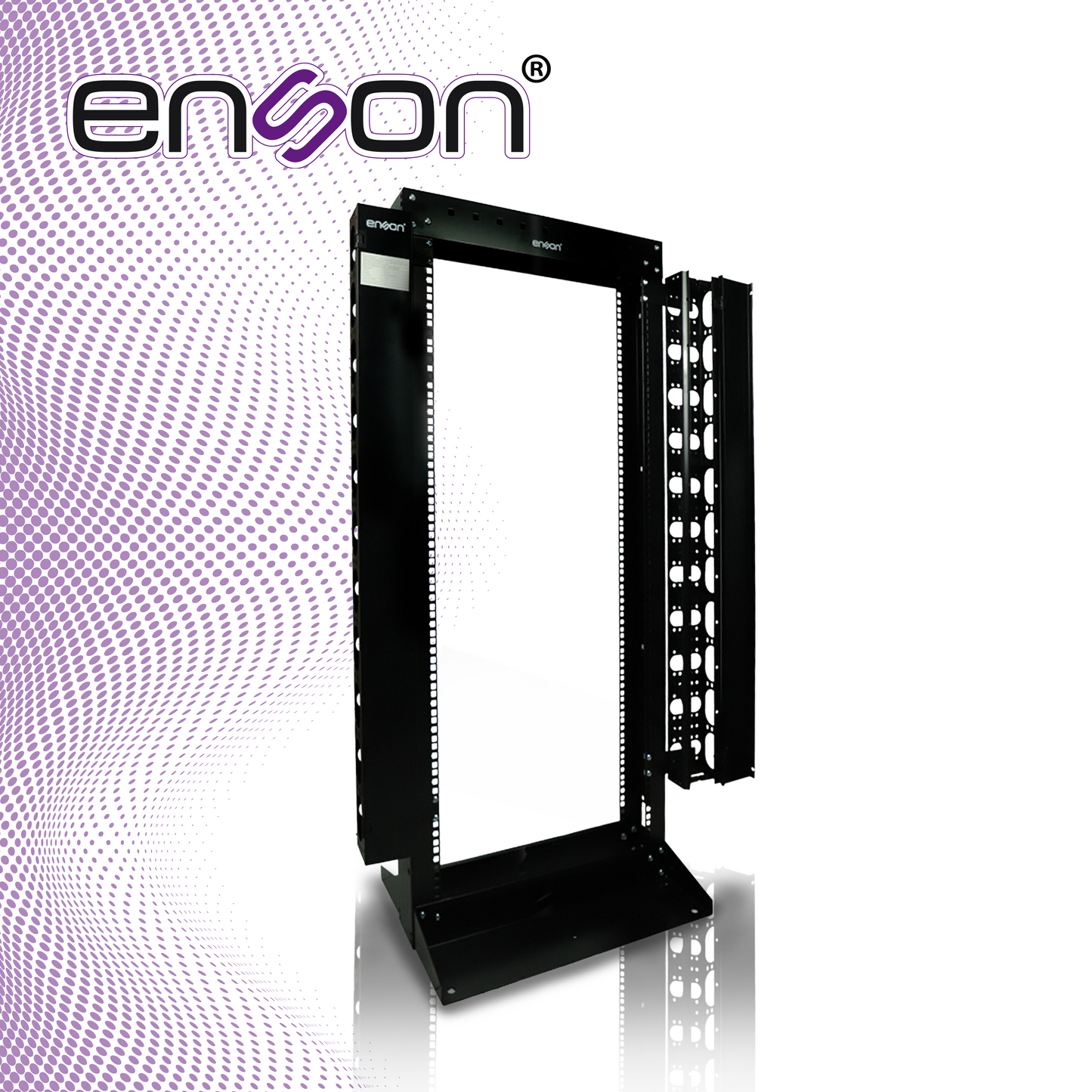 rack vertical enson ens-rack25uo de 25ur dos postes organizador vertical incuido empotrable ideal para montaje de equipos de red y cableado estructurado compatible con todos los accesorios de racks y gabinetes enson