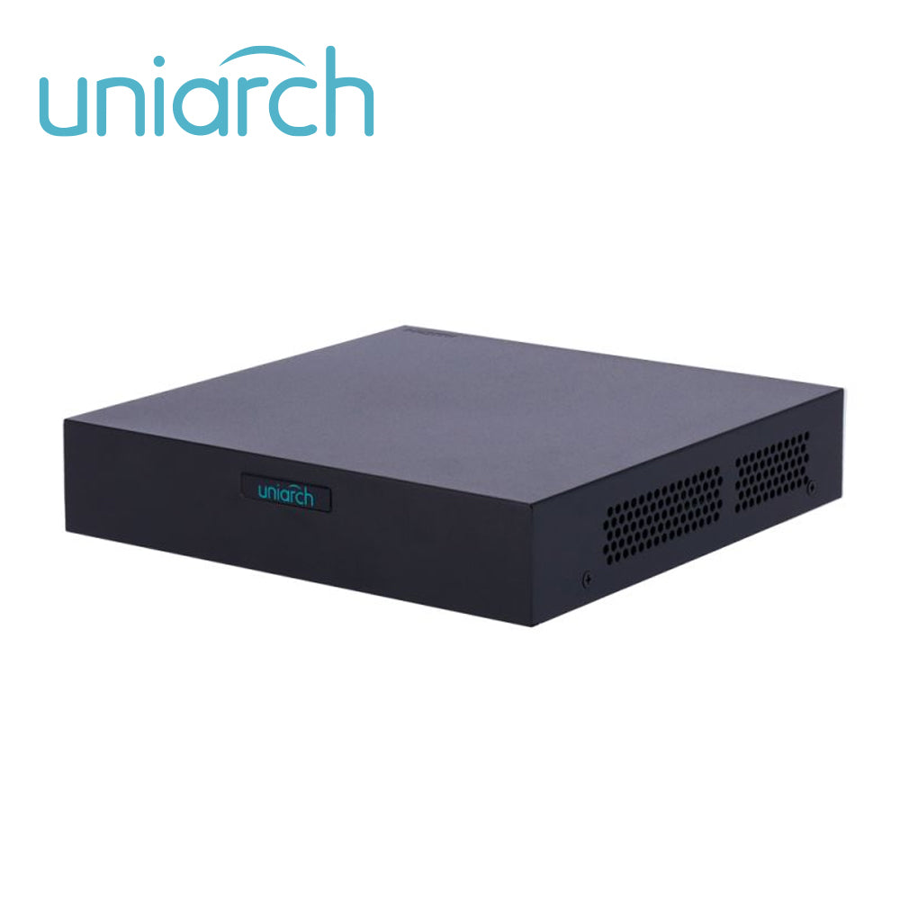 dvr pentahibrido uniarch xvr-104f / 6 canales de video / 4 canales analogicos (2 mp lite) / 2 canales ip (6 mp) / salida simultanea hdmi / vga / 1 disco duro de 6 tb / 12 vcd / audio sobre coaxial (solo en tvi)