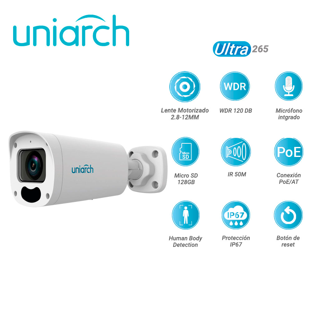 camara ip bullet uniarch ipc-b312-apkz / 2mp / ultra265/ lente motorizado 2.8 mm-12 mm / wdr 120db / microfono embebido / ranura para micro sd 128 gb / ir 50m / poe at y 12vcd / analiticas human body detection / ip67 / boton de reset