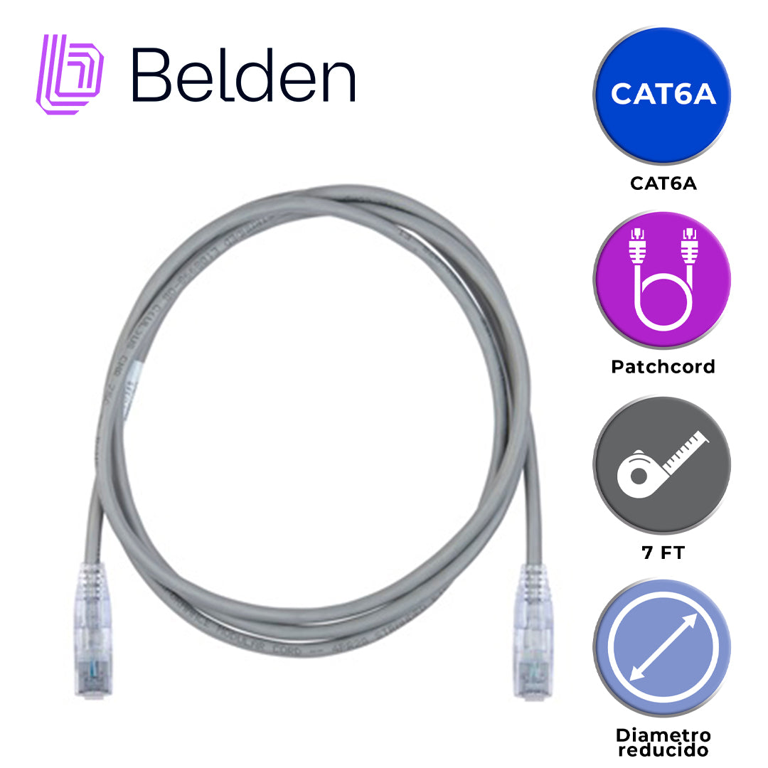 patch cord diametro reducido utp cat6a belden cad1108007 / interior / gris / 4 pares / 28 awg / forro pvc / cmr / 7 pies 2.1 metros