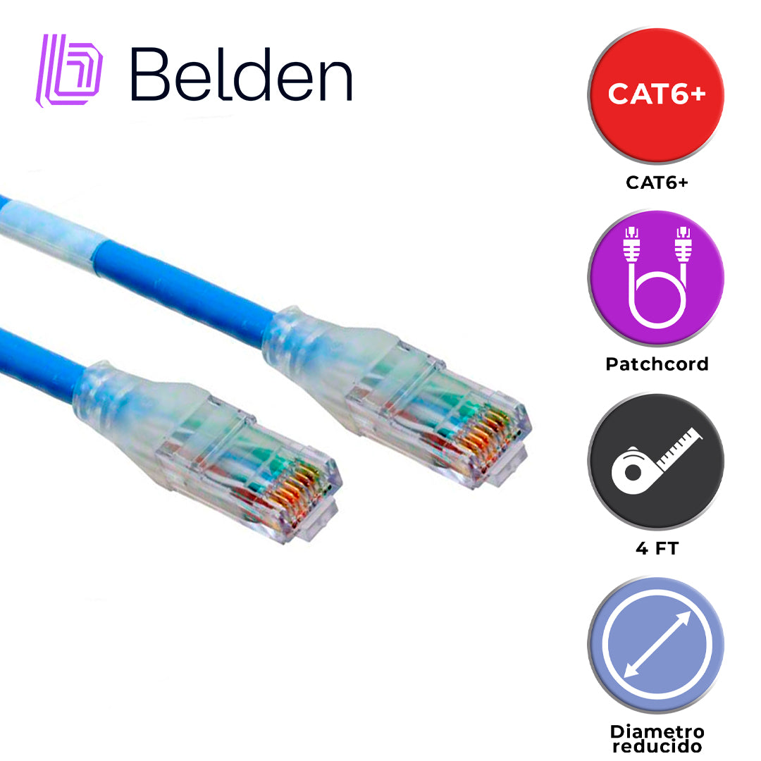 patch cord diametro reducido utp cat6+ belden c6d1106004 / interior / azul / 4 pares / 28 awg / forro pvc / cmr / 4 pies 1.2 metros