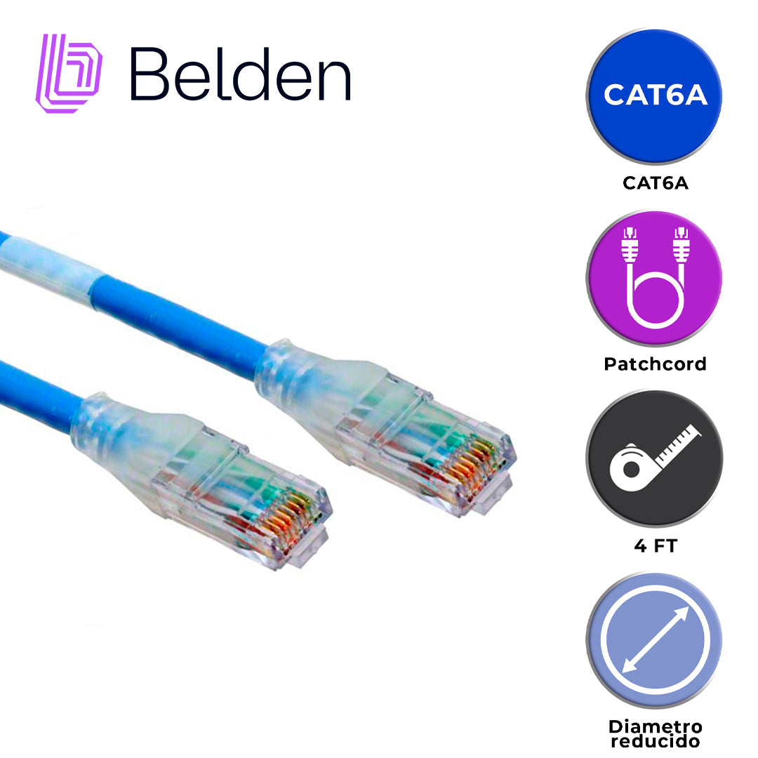 patch cord diametro reducido utp cat6a belden cad1106004 / interior / azul / 4 pares / 28 awg / forro pvc / cmr / 4 pies 1.2 metros