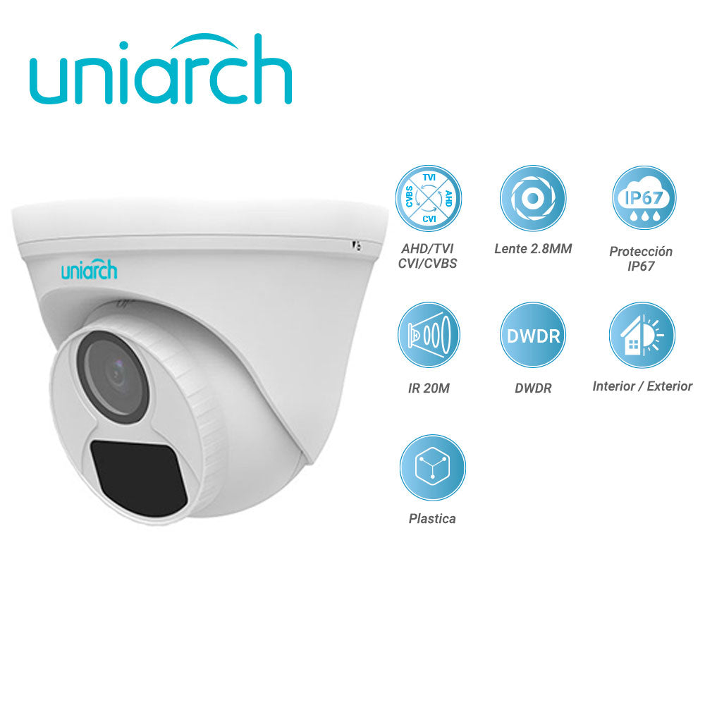 camara analogica turret uniarch uac-t115-f28 / uac-t115-f28-h / 5mp / ahd/tvi/cvi/cvbs / lente fijo 2.8 mm / 12 vcd / ip67 / ir 20m / dwdr / interior / exterior / plastica