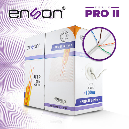 cable utp cat6 enson 12263g100 serie pro-ii calibe 23 awg 100% cobre de alto rendimiento bobina de 100 metros forro pvc color gris uso interior recomendado para cctv video ip y redes base 101001000