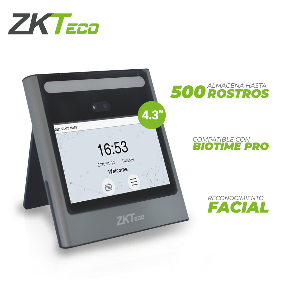 terminal de acceso y asistencia con reconocimiento facial y contraseña eface10  zkteco pantalla de 4.3 pulgadas 500 rostros/ 150000 eventos  salida de relevador acepta boton tcp/ip adms  compatible con biotime pro y bioaccess ivs modulo de asistencia