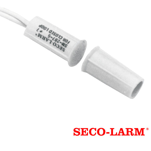 contacto magnetico cableado seco-larm sm-207-5q/w normalmente cerrado de montaje a presion  diametro de 3/8 de pulgada con interruptor corto e iman corto compatible con cualquier sistema de alarmas