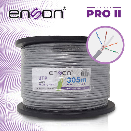 cable utp cat6 enson 13161g305 serie pro-ii calibe 23 awg 100% cobre de alto rendimiento bobina de 305 metros forro pvc color gris uso exterior recomendado para cctv video ip y redes base 101001000