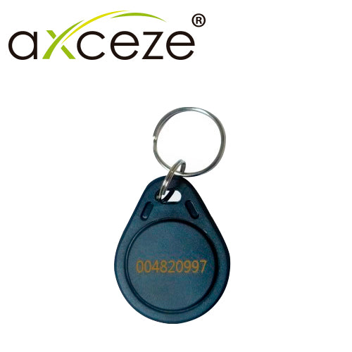 llavero de proximidad ax-tag100 marca axceze frecuencia de 125khz encapsulado negro con codigo escrito al frente lectura efectiva a una distancia de 2.5 a 10 cm.