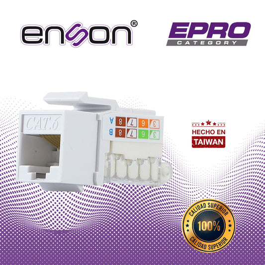 conector modular jack rj45 enson epro-tljack6-wh serie pro terminado sin pinzas posicion vertical cat6 color blanco compatible con placas enson epro-fp