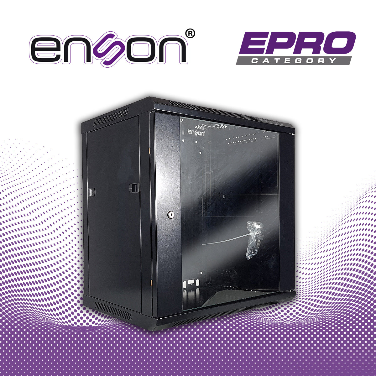 gabinete de pared enson ens-rkgb12u 12ur puerta frontal de cristal templado con cerradura de seguridad ranura de ventilacion en la parte superior para ventiladores de 11 cm ensamblado 600x450x635mm