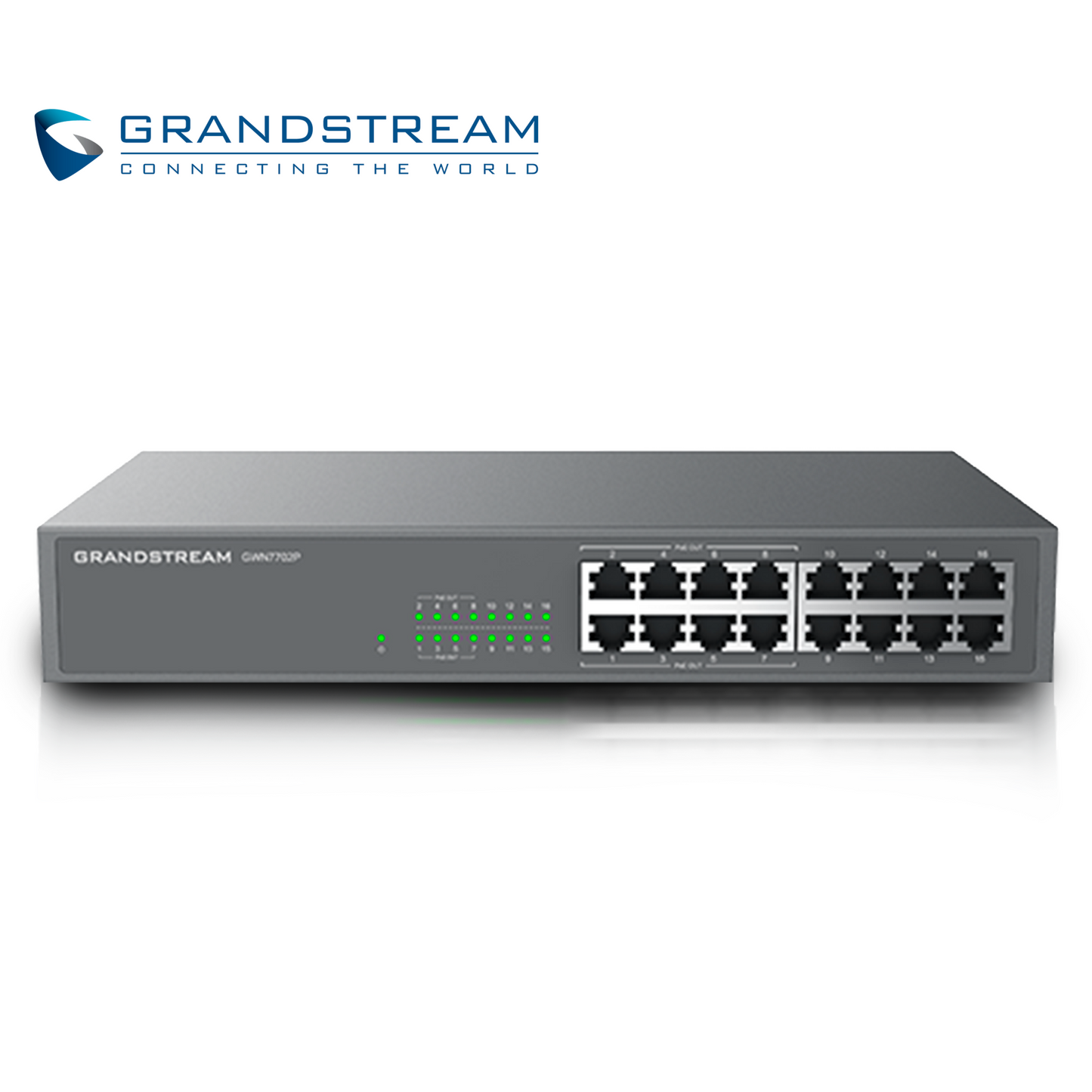 switch no administrable poe+ grandstream gwn7702p / 16 puertos 10/100/1000mbps / 8 puertos poe+ af/at / montaje escritorio/pared / alimentacion 100-240vca/150w / metalico