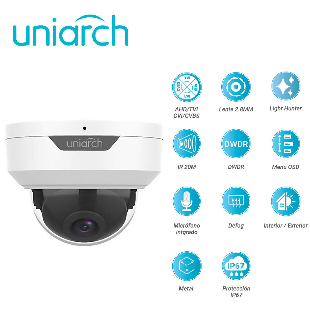 camara analogica lighthunter domo uniarch uac-d122-af28m / uac-d122-af28m-h / 2mp / ahd/tvi/cvi/cvbs / lente fijo 2.8 mm / 12 vcd / ip67 / ir 20m / dwdr / menu osd / mic incluido / defog / 3 axis / interior / exterior / metalica