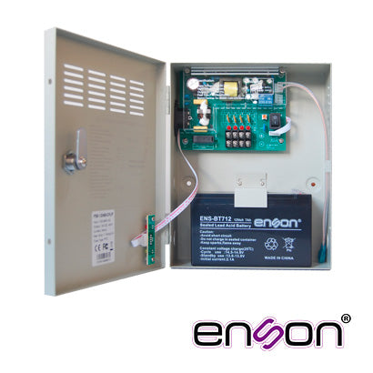 kit de fuente enson psb-1204b contiene una fuente tipo caja psb-1204backup de 12v 3a y una bateria ens-bt412 ideal para iniciar un sistema de alimentacion de 4 camaras de 0.75a de comsumo maximo cada una