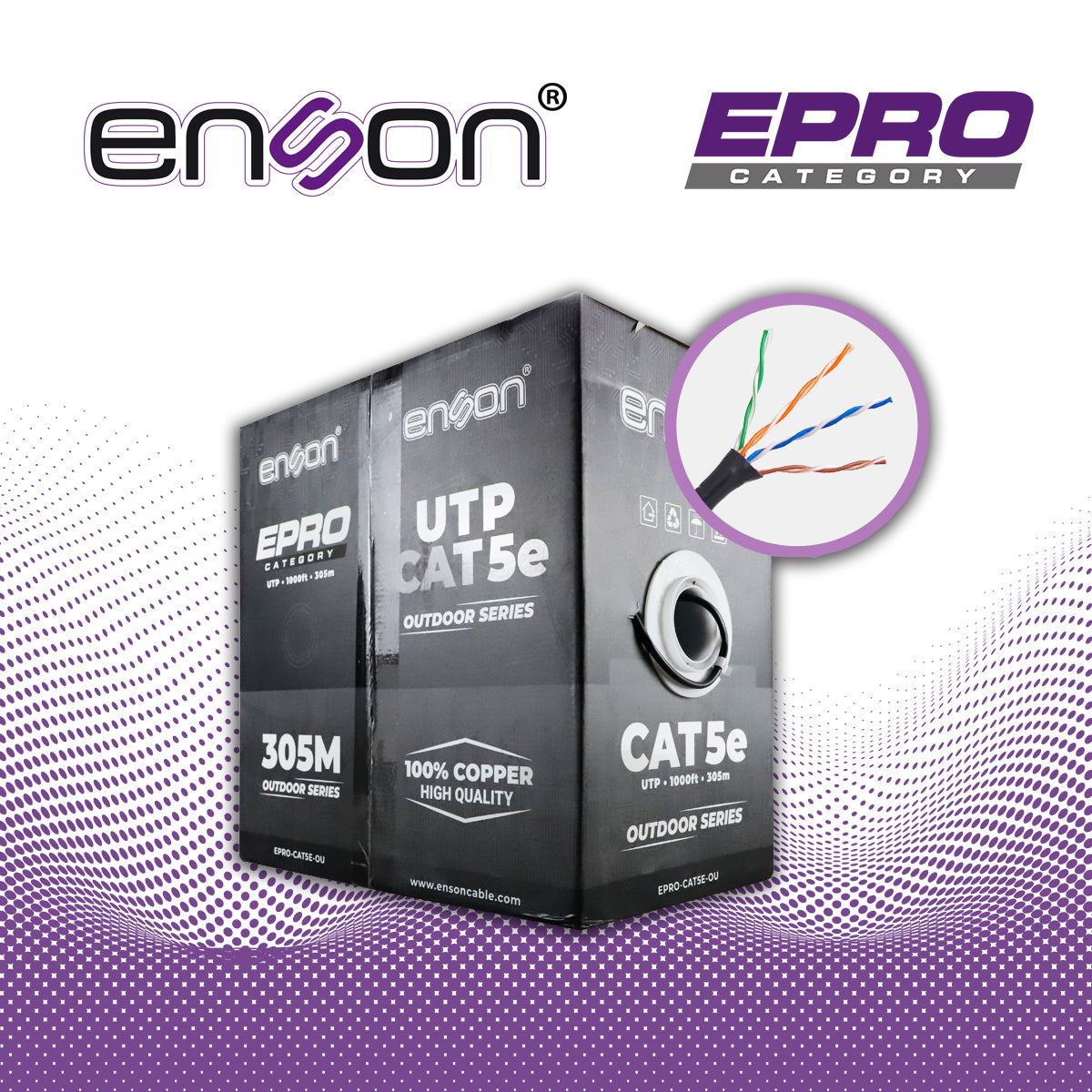 cable utp cat5e enson epro-cat5e-ou forro pe 4 pares calibre 24 awg 100% cobre uso exterior bobina 1000 pies 305 metros