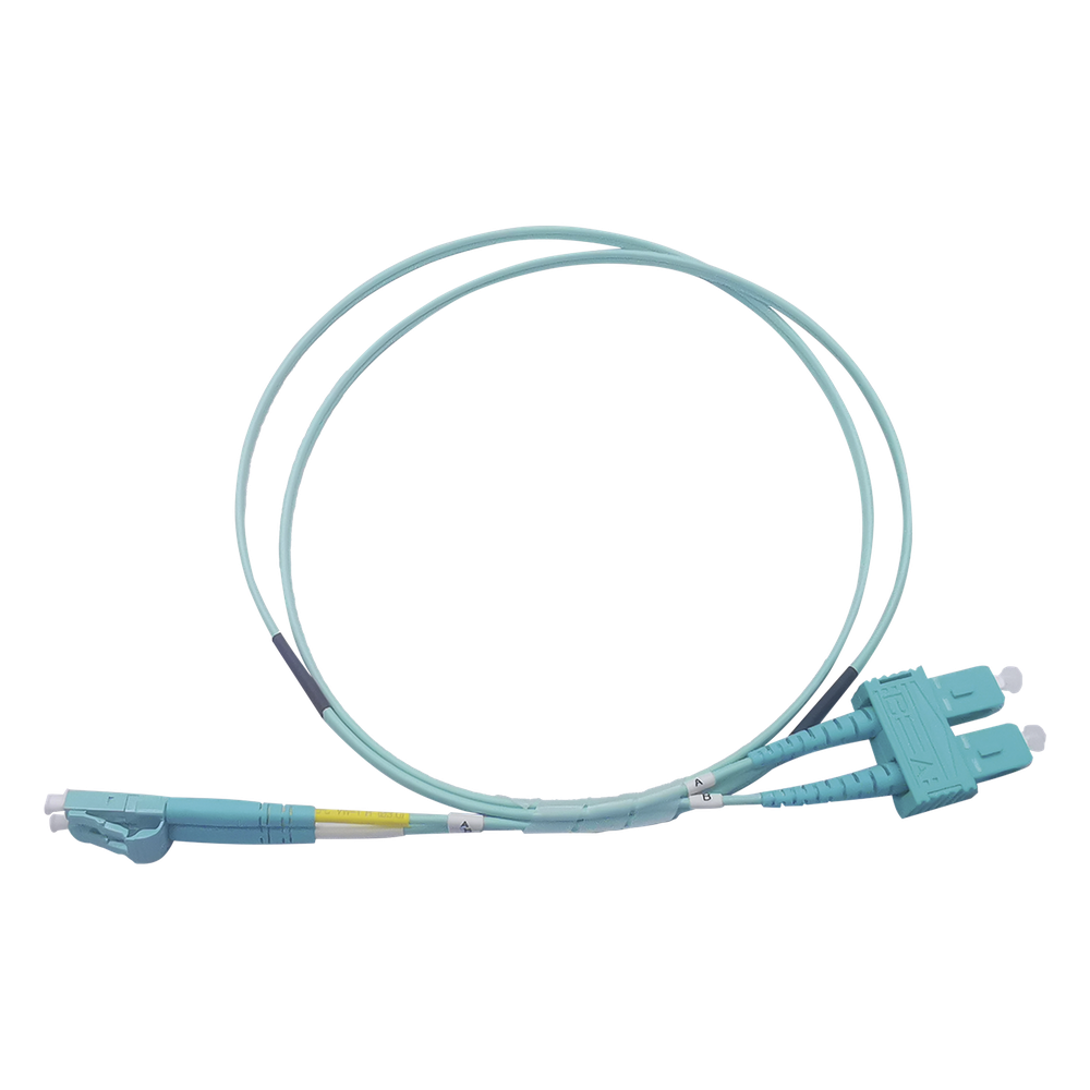 Jumper de Fibra Óptica Multimodo OM3 50/125 LC-SC OFNR (Riser), 2.0 mm, Dúplex, Aqua, 2 Metros (6.56 Pies)