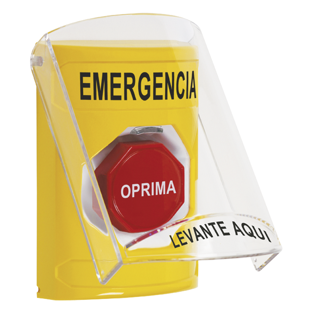Botón Multipropósito, Color Amarillo, De Superficie, Con Tapa De Policarbonato, Con Bocina Pre Alarma, Solo Interior, Llave Para Restablecer, Texto De Emergencia, Español