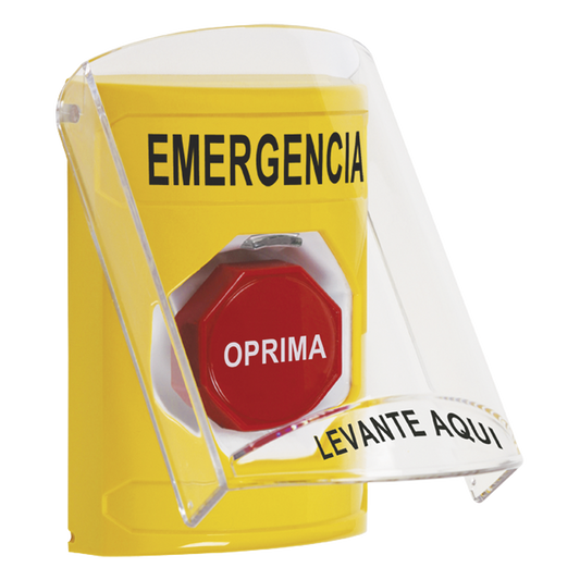 Botón Multipropósito, Color Amarillo, De Superficie, Con Tapa De Policarbonato, Con Bocina Pre Alarma, Solo Interior, Llave Para Restablecer, Texto De Emergencia, Español