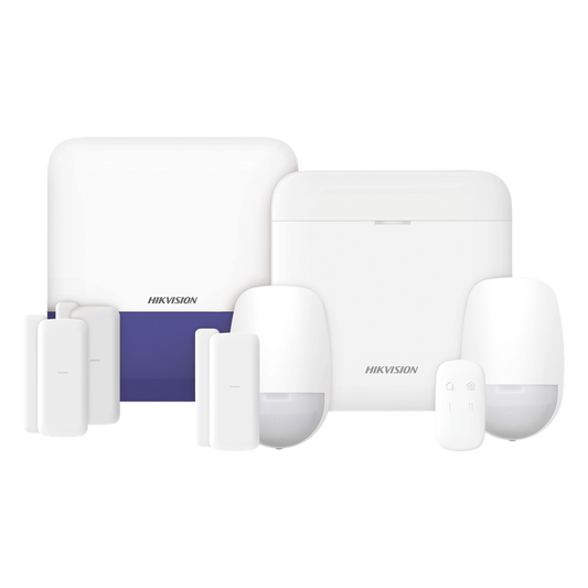 (AX PRO) KIT de Alarma AX PRO con GSM (3G/4G) / Incluye: 1 Hub con bateria de respaldo / 2 Sensores PIR / 3 Contactos Magnéticos mini / 1 Control Remoto / 1 Sirena Inalambrica Exterior  / WiFi / Compatible con Hik-Connect P2P