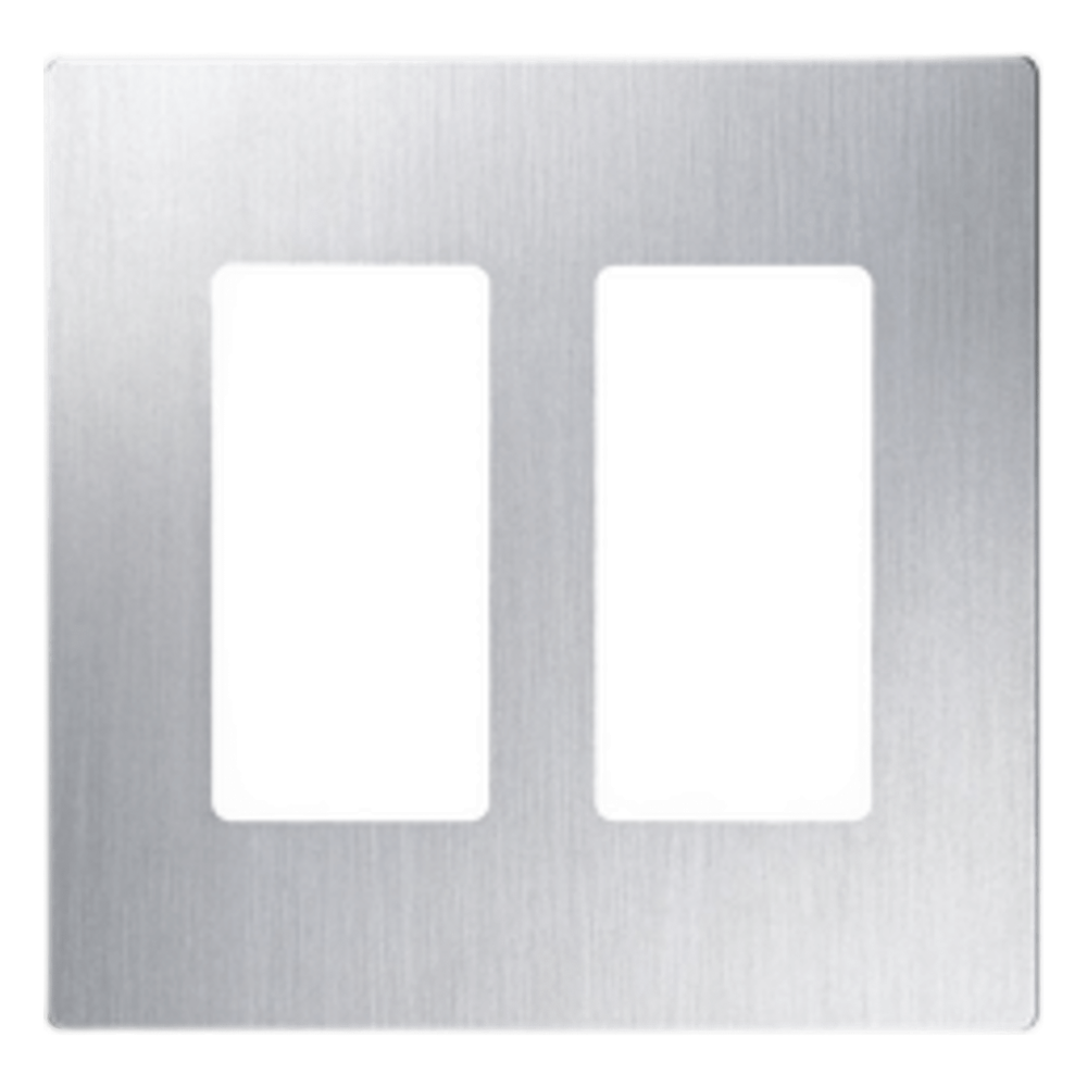 Placa de pared sin tornillos de 2 espacios para atenuadores e interruptores con apertura tipo designer, acabado acero inoxidable, línea Claro