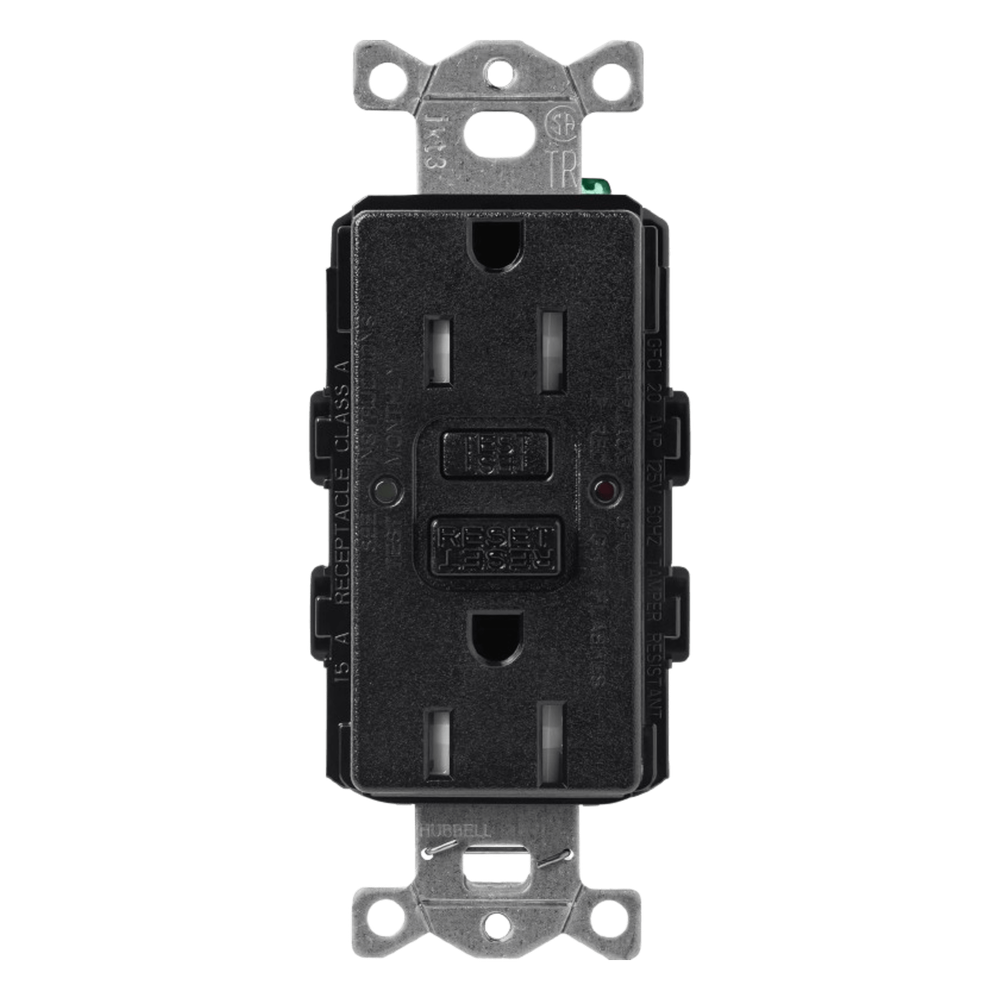 Tomacorriente dúplex GFCI autocomprobante de 15 A 125 V resistente a manipulaciones, color Midnight satinado, para placas de apertura tipo designer Claro y Satin Colors