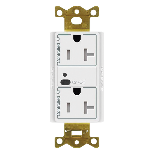 Receptáculo inalámbrico de 20 A tipo split con un contacto controlado y uno de alimentación continua, tecnología Clear Connect, para sistema Vive de Lutron, color blanco