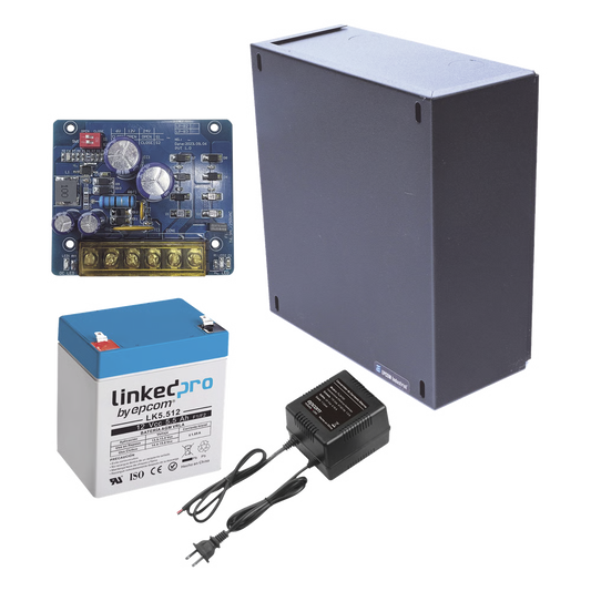 Kit con fuente PLB2 con salida de 12 Vcc a 1.5 Amper, incluye transformador y batería de 12 V a 5.5 Amper