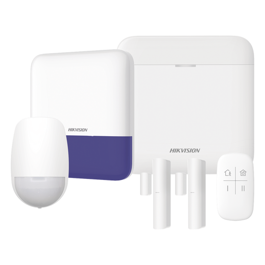 (AX PRO) KIT de Alarma AX PRO / Incluye: 1 Hub con bateria de respaldo / 1 Sensores PIR / 2 Contactos Magnéticos / 1 Control Remoto / 1 Sirena Inalambrica Exterior / WiFi / Compatible con Hik-Connect P2P