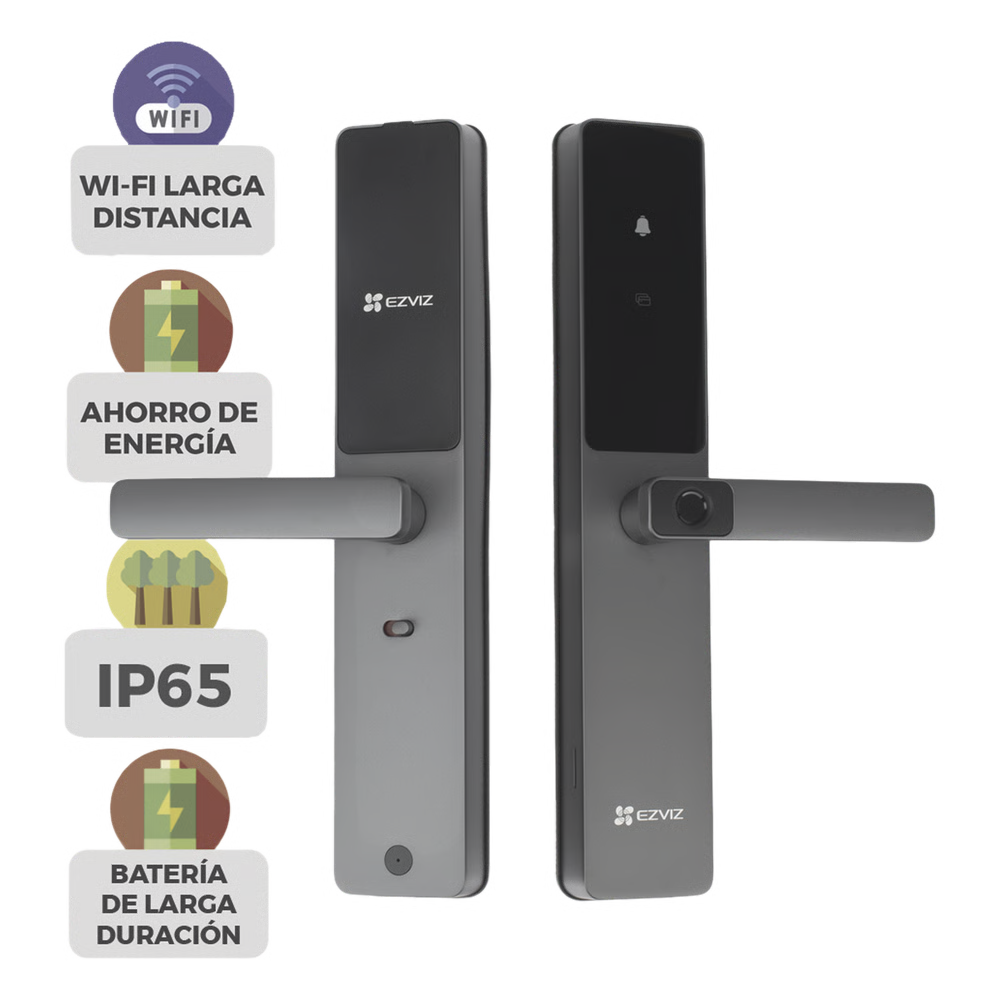 Cerradura Inteligente EZVIZ DL05/ Cerrojo Tipo Americano / Wi-Fi / Bluetooth  /  Códigos Temporales Para Visitantes / Lectura de Huella / Lectura de Tag / Contraseña /  Botón para Timbrar / Apertura remota desde la APP /  No Requiere Hub