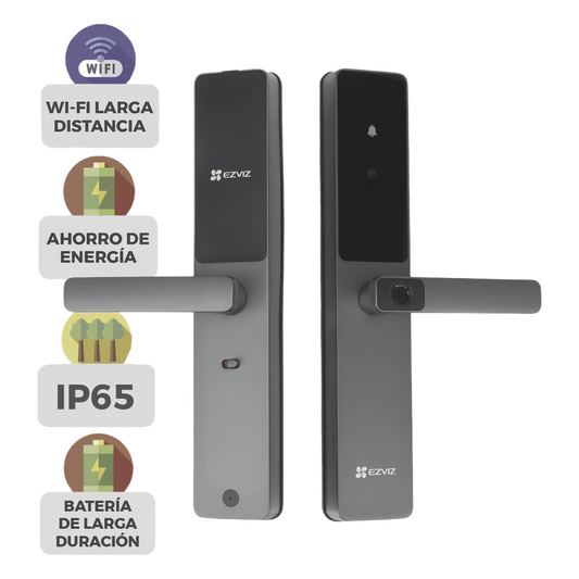 Cerradura Inteligente EZVIZ DL05/ Cerrojo Tipo Americano / Wi-Fi / Bluetooth  /  Códigos Temporales Para Visitantes / Lectura de Huella / Lectura de Tag / Contraseña /  Botón para Timbrar / Apertura remota desde la APP /  No Requiere Hub
