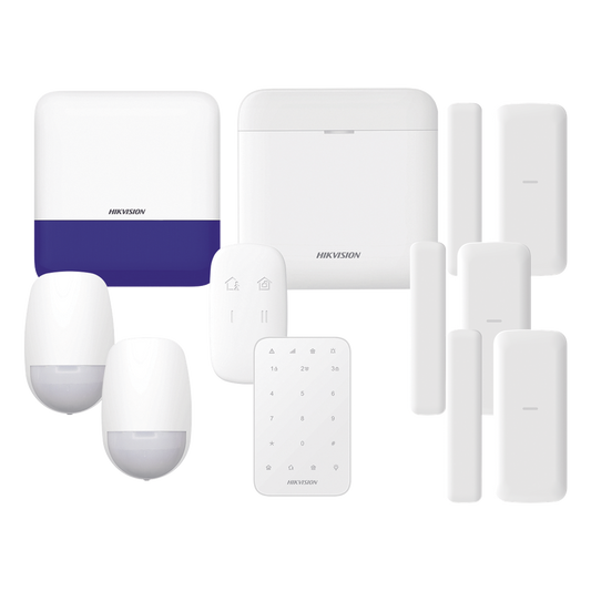 (AX PRO) KIT de Alarma AX PRO / Incluye: 1 Hub con batería de respaldo/ 2 Sensores PIR / 3 Contactos Magnéticos mini / 1 Control Remoto / 1 Sirena Inalambrica Exterior /1 Teclado Inalámbrico / WiFi / Compatible con Hik-Connect P2P