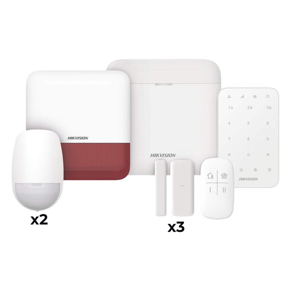 (AX PRO) KIT de Alarma AX PRO / Incluye: 1 Hub / 2 Sensores PIR / 3 Contactos Magnéticos mini / 1 Control Remoto / 1 Sirena Estrobo en color Rojo Inalámbrica Exterior /1 Teclado Inalámbrico / Wi-Fi / Compatible con Hik-Connect P2P