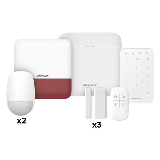 (AX PRO) KIT de Alarma AX PRO / Incluye: 1 Hub / 2 Sensores PIR / 3 Contactos Magnéticos mini / 1 Control Remoto / 1 Sirena Estrobo en color Rojo Inalámbrica Exterior /1 Teclado Inalámbrico / Wi-Fi / Compatible con Hik-Connect P2P