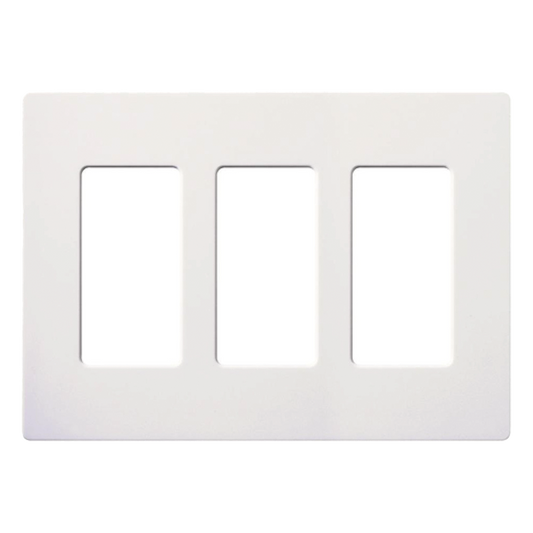 Placa de pared de 3 espacios sin tornillos visibles en acabado Snow satinado, compatible con atenuadores e interruptores Lutron Maestro, Diva, Claro y controles Pico